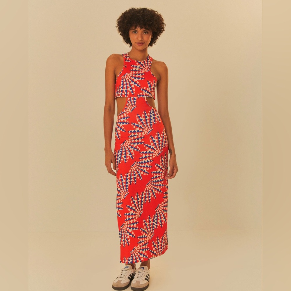 NEW Adidas Farm Rio Psychedelic Wave Red Orange Cut Out Dress Large Festival - Picture 2 of 14